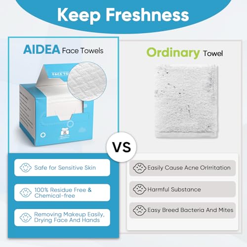 AIDEA Face Towels Disposable-50Ct, Facial Cleansing Wipes for Sensitive Skin, Facial Towelettes for Makeup Removing, Nursing, Travel, Dry Wipes Face Cloths - style: 7.87" x 7.87" (Pack of 50)