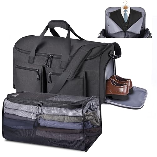 HILOMON Convertible Duffle Bags for Travel Carry On Suit Duffle Bags with Shoulder Strap 2 in 1 Hanging Garment Duffle Bag for Men Women (Black Mesh Storage) - color: Black Mesh Storage