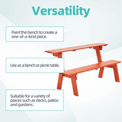 AVAWING Outdoor Convertible Bench, 2-in-1 Transforming Picnic Table Bench, Wooden Garden Bench for Backyard, Porch, Patio, Tangerine