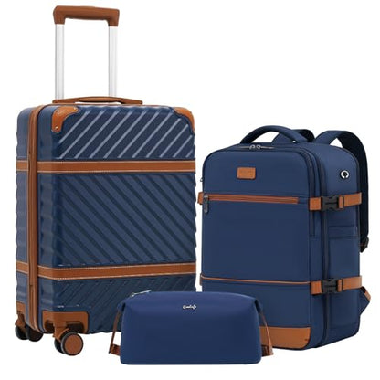 Coolife Luggage Set Suitcase Carry On Luggage PC Hardshell Luggage TSA Lock Spinner Wheels Telescopic Handle - color: Navy, size: 3 piece set (BP/TB/20)