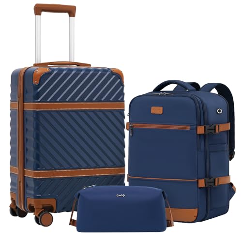 Coolife Luggage Set Suitcase Carry On Luggage PC Hardshell Luggage TSA Lock Spinner Wheels Telescopic Handle - color: Navy, size: 3 piece set (BP/TB/20)