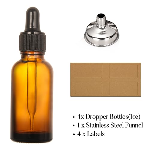 4 Pack, 1 oz Thick Dark Amber Glass Dropper Bottles with 1 Funnels & 4 Labels - 30ml Tincture Bottles with Eye Dropper - Leakproof Essential Oils Bottle - Storage and Travel for Beauty or Health - style: Blank Dropper