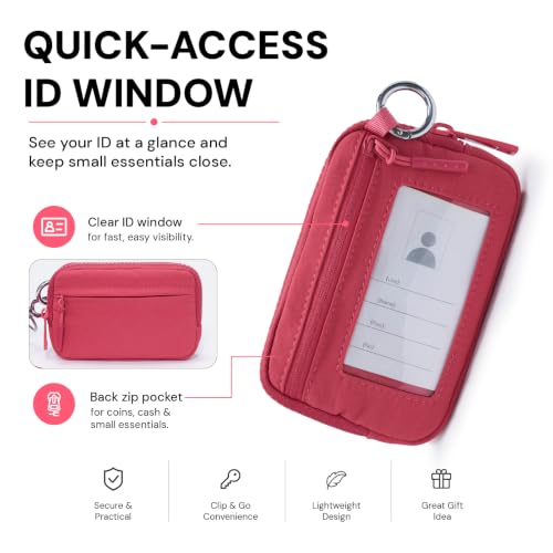 Small Nylon Wristlet Wallet for Women Minimalist Zip Keychain Coin Purse Card Case with Clear ID Window Water-Resistant Pouch - color: Raspberry