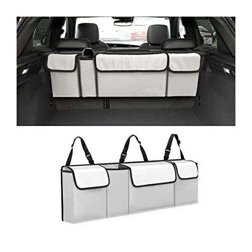 AUCELI Car Trunk Organizer, Backseat Hanging Large Storage with Adjustable Straps, Waterproof Collapsible Cargo Bag with 4 Pockets, Sturdy Space Saver Frees Trunk Floor for SUV, Truck, MPV - color: Beige