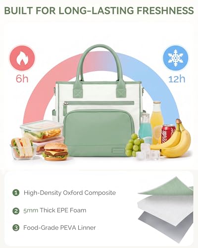 HOMESPON Insulated Lunch Bag Women Wide Opening Adult Lunch Box Large Leakproof Cooler Bag for Work Picnic Beach Family College Lunch Teacher Tote Bag with Adjustable Shoulder Strap Cup Holder(Green) - color: Green