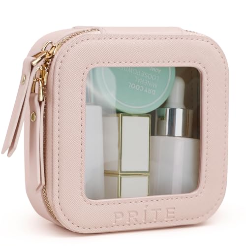 Prite Small Makeup Bag for Women Portable Clear Makeup Bag Cute Mini Waterproof Travel Cosmetic Bag with Gold Zipper for Car Essentials(Pearlescent Pink) - color: Pearlescent Pink, size: Mini - Single Layer