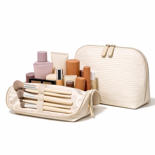 APT 1101 Large Standing Foldable Makeup Bag for Travel, Vertical Folding Down Design, Organized Cosmetic & Skincare Bag for 2–4 Week Trips (Oatmeal, Medium) - color: Oatmeal, size: Medium