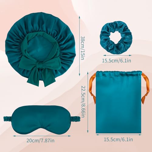 Satin Bonnet Set, Hair Bonnet for Sleeping Silk Bonnet with Eye Mask for Women Curly Hair - color: Peacock Blue