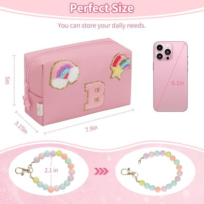Initial Makeup Bag for Girls, Cute Makeup Bag Small Cosmetic Bag Travel Make Up Organizer Pouch, Birthday Gifts for Girls 4 5 6 7 8 9 10 11 12 13 14 15 Years Old, Teen Girls Gifts Trendy Stuff - color: Pink + Bracelet, style: B