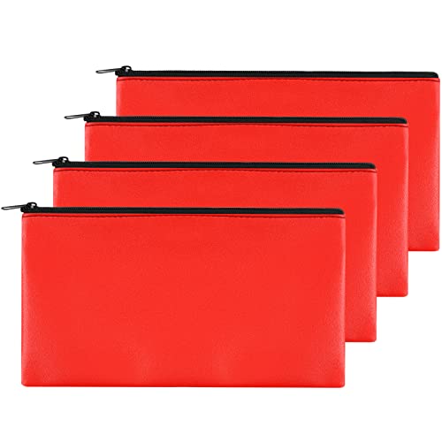 4Pack Money Bag 11 X 6 ", Safe Durable Money Bags with Zipper for Cash Waterproof, Coin Money Pouch PU Leather Bank Bag, Bank Bags with Zipper for Checks Makeup Bills Receipts Tool Storage Bag (Red) - color: Red, size: 4 Pieces