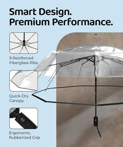 Repel Windproof Travel Umbrella - Compact & Withstands Winds up to 100MPH , Strongest Premium Auto Folding Umbrella for Rain and Sun - Durable, Light & Portable for Women & Men , Fits Backpack & Cars - color: Clear Top - Travel Umbrella (1 Pack)