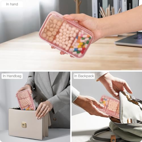 FYY Weekly Pill Organizer with Labels,8 Compartments Travel Daily Pill Case Airtight Moistureproof Large Pill Box to Hold Vitamins, Fish Oil, Supplements,Cotton Swab and Bandages-Pink - color: Pink