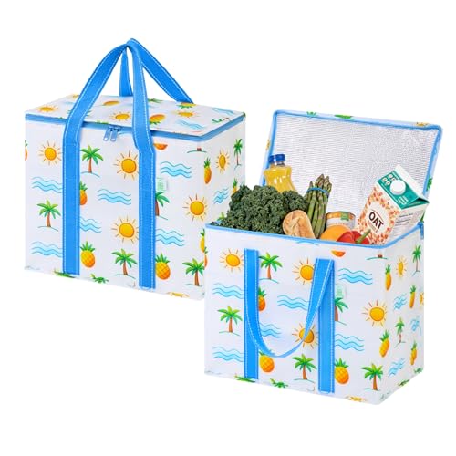 VENO 2 Pack Insulated Cooler Bag, Reusable Grocery Shopping Bag for Food Delivery, Heavy Duty, Large Size, Durable Handles, Double Zippers, Lid, Collapsible (Tropical Island, 2 Pack) - color: Tropical Island, size: 2 Pack