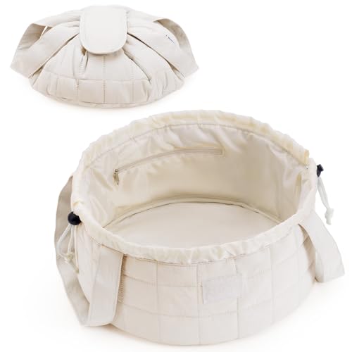 Narwey Quilted Drawstring Makeup Bag, Large Cosmetic Bag Make up Bags Toiletry Bag Travel Bags for Toiletries Organizer for Women Gift for Teen Girls (Beige) (Patent) - color: B-Quilted Beige