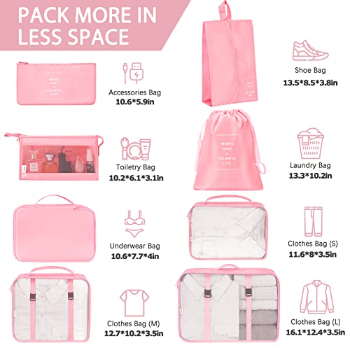 KPX 8 Set Packing Cubes for Travel, Luggage Packing Organizers Accessories Large Toiletries Bag for Clothes Shoes Cosmetics (Pink) - color: 8Set-Pink