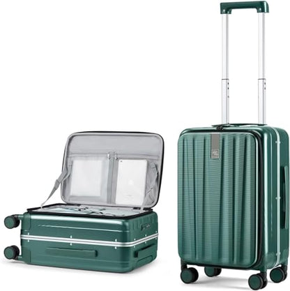 Hanke 20 Inch Carry On Luggage Aluminum Frame Front Opening Rolling Suitcase PC Hard Sided Luggage with Spinner Wheels Travel Luggage for Woman Men Gifts.(Dark Green) - color: Dark Green, size: 20 Inch