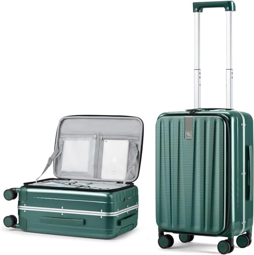 Hanke 20 Inch Carry On Luggage Aluminum Frame Front Opening Rolling Suitcase PC Hard Sided Luggage with Spinner Wheels Travel Luggage for Woman Men Gifts.(Dark Green) - color: Dark Green, size: 20 Inch