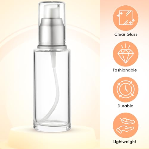 VitalUp 1.7 Oz 50ml Refillable Luxury Clear Glass Lotion Travel Pump Bottle with Silver Cap for Cosmetics, Lotion, Body Cream, Sanitizers, Cream, Foundation (Pack of 2) - size: 50 ml (2 Pack)