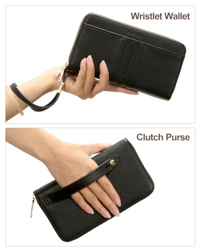 BOSTANTEN Wallets for Women Leather RFID Double Zipper Around Credit Card Holder Large Capacity Wristlet Clutch Wallet - color: Black