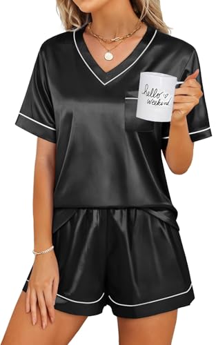 WIHOLL Silk Pajamas for Women Short Sleeve Sleepwear Soft Lounge Sets 2 Piece Satin Pjs - color: 0-black, size: Medium