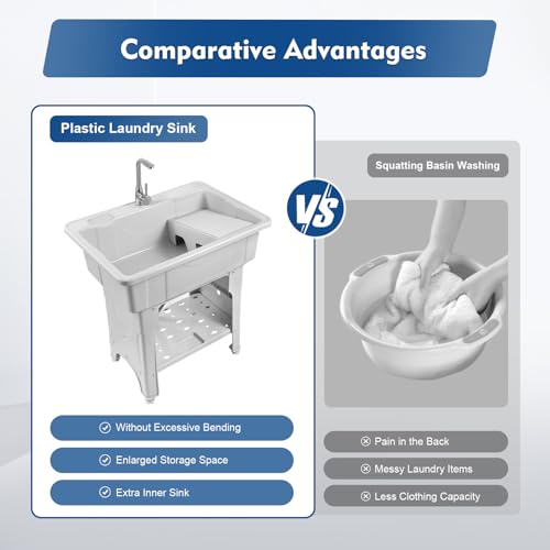 Freestanding Home Laundry & Utility Sinks, Plastic Laundry Sink with Washboard & Faucet Drain Kit, Indoor/Outdoor Water Sink lavadero for Laundry, Basement, Garage (31.5"D X 22.05"W X 31.5"H)