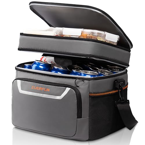 EVERFUN Small Compact Cooler Bag 24/48 Can Insulated Lunch Box Double Deck Soft Leak-Proof Waterproof Collapsible Ice Chest for Men Women Work Travel Car Trip Picnic Beach - color: Grey, size: Medium