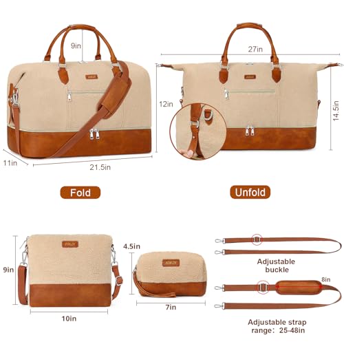 ITIEZY Weekender Overnight Bag for Women - Large Travel Duffel Bag with Shoe Compartment, Gym Duffel Bag Hospital Bag Carry On Tote Bags for Airplanes with Crossbody Bag Toiletry Bag 3Pcs Set - color: 8a-Off White