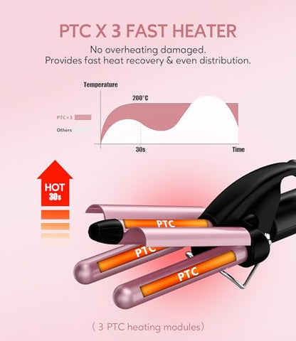 Farery Mini 3 Barrel Hair Waver, Pink | Portable Beach Wave Curling Iron, 1/2 Inch Ceramic Crimper, 3 Temp Settings & 30s Fast Heating, Dual Voltage Travel - style: Digital temp(Rose pink)