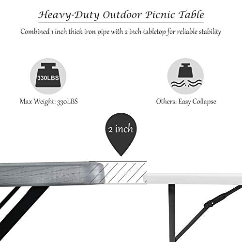 Giantex Picnic Table Bench Set Outdoor Camping All Weather Metal Base Wood-Like Texture Backyard Poolside Dining Party Garden Patio Lawn Deck Furniture Large Camping Picnic Tables for Adult (Gray) - color: Grey
