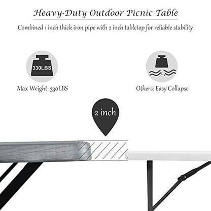 Giantex Picnic Table Bench Set Outdoor Camping All Weather Metal Base Wood-Like Texture Backyard Poolside Dining Party Garden Patio Lawn Deck Furniture Large Camping Picnic Tables for Adult (Gray) - color: Grey
