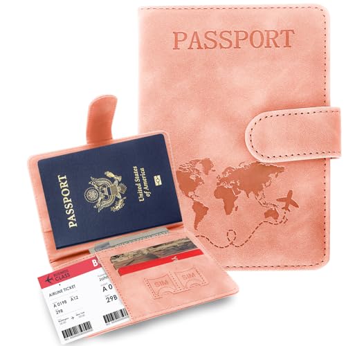 Passport Holders, RFID Blocking Credit Card Holder, PU Leather Passport Holders for Travel with Magnetic Buckle, Travel Must Haves Cruise Ship Essentials for Men, Women (Pink) - color: Pink