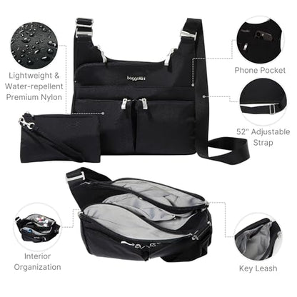 Baggallini Crossbody Travel Bag 11x8.5 Lightweight Water-resistant Nylon Handbag - color: Black Python Emboss