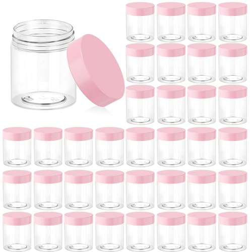 Eternal Moment 36 Pack 3 OZ Plastic Jars Round Clear Cosmetic Container Jars with Pink Lids, Perfect for Lotion, Slime，Cream, Ointments, Makeup, Eye Shadow, Samples, Pot, Travel Storage - color: Pink Lid, size: 3 Ounce