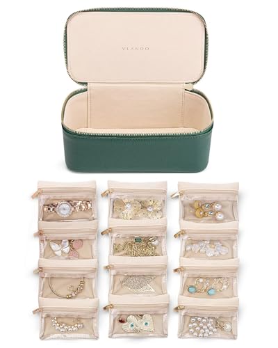VLANDO Jewelry Travel Case,Travel Jewelry Organizer with Clear Velvet Jewelry Bags 12Pcs Zipper Pouch for Women Girl Gift-Green - color: D.12PCS Green