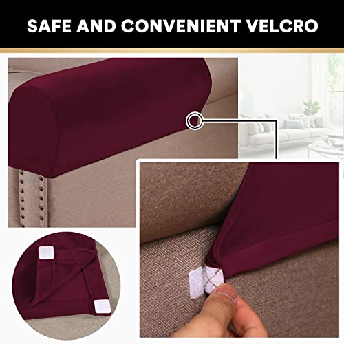 PrinceDeco 2 Pack Thick Velvet Stretch Armrest Covers for Chairs and Sofas - Non Slip Armchair Protectors, Burgundy - color: Burgundy