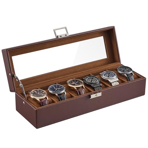 ProCase 6 Slot Watch Case Box for Men, PU leather Man Watch Organizer with Soft Pillow, Lockable Watch Collection Storage Holder with Glass Display Lid, Fathers Day Gift for Dad -Espresso - color: Espresso, size: 6-Slot