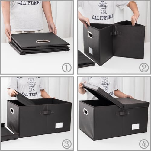 PRANDOM Collapsible Storage Box with Lid [1-Pack] Leather Fabric Foldable Storage Bin Organizer Container Basket Cube with Cover for Home Bedroom Closet Office Nursery Black (22.8X15.7X11.8) - color: Black, size: X-Large(1-Pack)