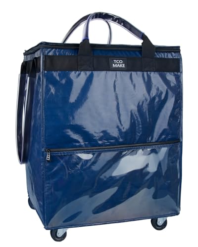 (Large, Dk Blue) Reusable Grocery Bag on Wheels, Shopping Bags with Wheels and Handle, Folding Rolling Tote, Zipper Cover, Carries Up to 76 LBS, for Laundry, Picnic - color: Dk Blue, size: Large