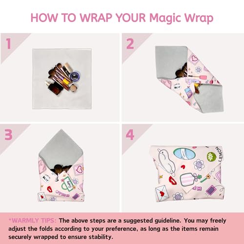 Self-Adhesive Magic Cloth Makeup Bag & Multi-Use Organizer|17.7"x17.7" Portable Travel Cosmetic Bag, Camera Lens Protector, Laptop Sleeve|Beauty Cuties Design Reusable Washable Storage Wrap - size: 17.7''x 17.7", style: Beauty Cuties