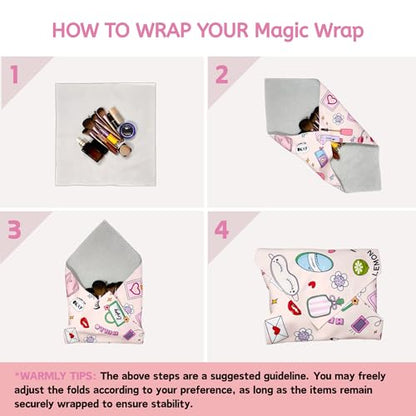 Self-Adhesive Magic Cloth Makeup Bag & Multi-Use Organizer|17.7"x17.7" Portable Travel Cosmetic Bag, Camera Lens Protector, Laptop Sleeve|Beauty Cuties Design Reusable Washable Storage Wrap - size: 17.7''x 17.7", style: Beauty Cuties