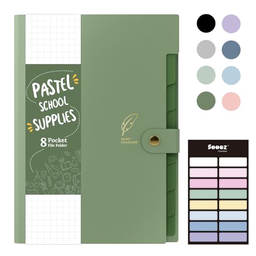 Sooez Aesthetic 8 Pocket Accordion File Organizer, Pastels Expanding File Folder for Important Document with Labels, Portable Receipt Bill Organizer for Office School Supplies, Letter Size Olive Green - color: All Olive Green