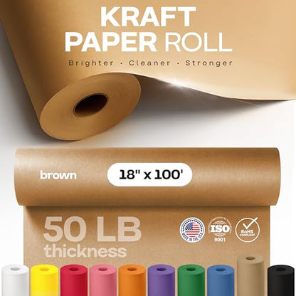 18" x 1200" (100 feet) Brown Kraft Paper Roll - USA-Made Quality Craft Paper for Gift Wrapping, Kids' Arts & Crafts, School Projects - 100% Recycled Natural Material 50lb Thickness by IDL Packaging - color: Brown, size: 18"x100' (#50 thick)