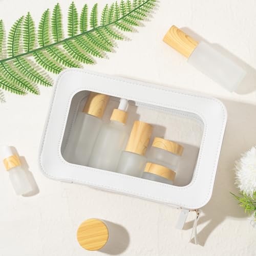 Glass Travel Bottles for Toiletries - 19pcs Skincare Travel Containers with PU Leather Toiletry Bag, Pump Spray Bottle Cream Jar Leak Proof Mini Makeup Containers for Serum Moisturizer Toner