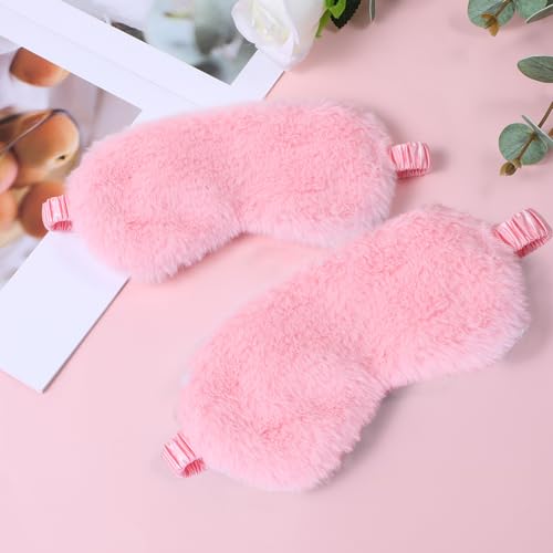 2 Pcs Plush Eye Mask Soft Sleeping Blindfold Eye Cover Comfortable Furry Faux Fur Sleeping Mask Satin Nap Night Eyeshade Cover for Women Men Gift (Pink) - color: Pink
