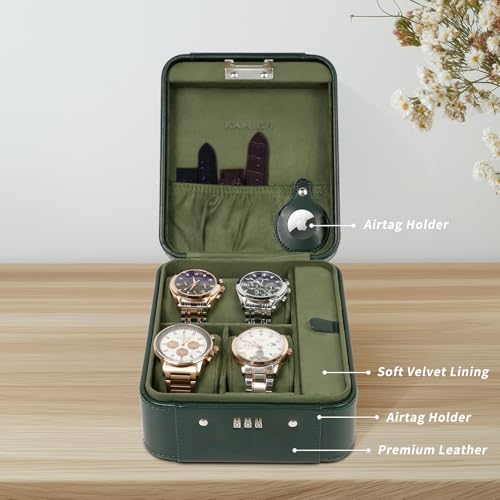 KAMIER Watch Case with Combination Lock - 4 Watch Storage and Jewelry Organizer - Watch Travel Case for Ring and Watch Storage, PU Leather Travel Watch Case, Ideal for Gift (With Gift Box), Green - color: Green
