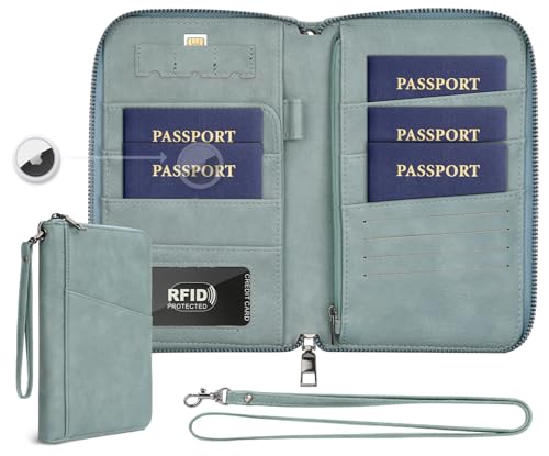 Family Passport Holder Wallet RFID Travel Document Organizer for Women Men, Portable Case Cover for Cards, Boarding Pass with Wrist & Neck Strap, Airtag Pocket, Travel Essentials Gifts (Blue, 1pack) - color: Blue