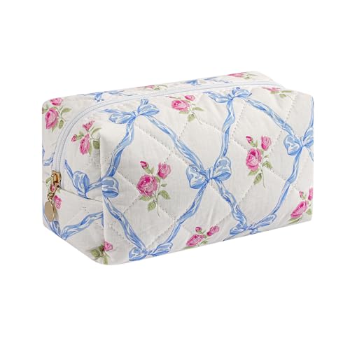 Makeup Bag Travel Cosmetic Bag for Women Girls, Zipper Make Up Pouch, Floral Flowers Toiletry Organizer Makeup, Portable Storage Bag, Cosmetic Travel Cloth Bag (Blue Bowknot/Gold Zipper) - color: A5 Blue Bowknot/Gold Zipper