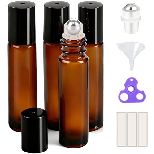 PrettyCare 4 Pack 10 ml Amber Glass Roller Bottles for Essential Oil with Stainless Steel Roller Ball - Refillable Leak-proof Empty Roll on Bottles with Black Caps for Travel, Perfume,Lab - color: Amber with Black Cap, size: 4 Pack