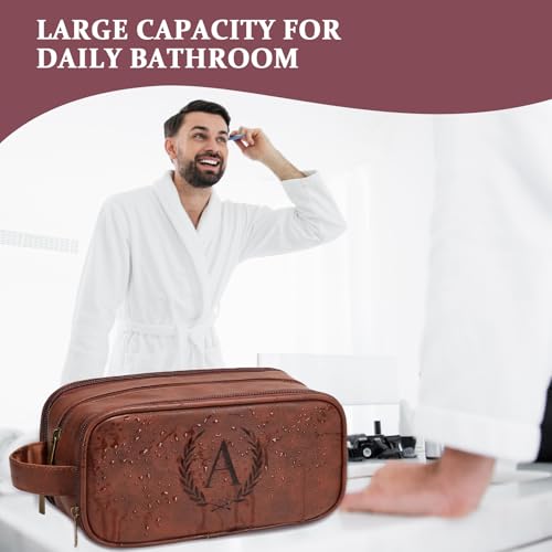 Janhavi Birthday Gifts for Men, Beach Vacation Essentials, Waterproof Toiletry Bag with Hook, Personalized PU Leather Laser Engraved Initials & Wheat, Birthday Gifts Men(Medium, Red Brown, D) - color: Red Brown, style: D