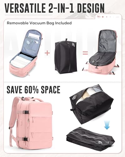 Vacuum Backpack Travel with Pump,Vacuum Seal Bags for Clothing Travel,18×14×8 Personal Item Travel Bag Flight Approved,Pink - color: A15-pink-with Pump